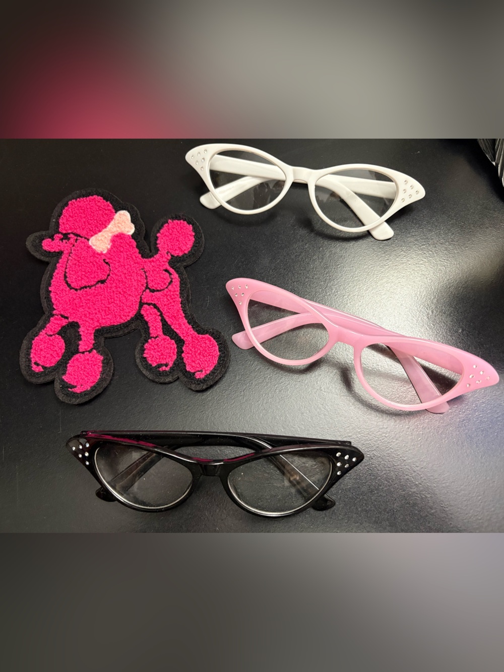 1950’s Retro: Pink Poodle Skirt Patch & 3 Pair of Cat Eye Glasses